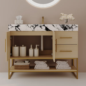 English Elm 36 Inch Freestanding Bathroom Vanity with Sintered Stone Top and Ceramic Basin Gold, White+Black, Wood - A W3136S00145
