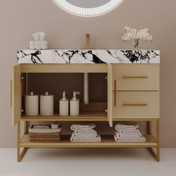 English Elm 36 Inch Freestanding Bathroom Vanity with Sintered Stone Top and Ceramic Basin Gold, White+Black, Wood - A W3136S00145