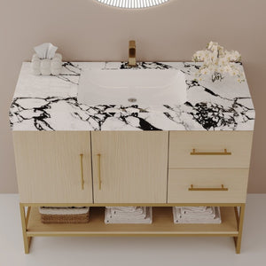 English Elm 36 Inch Freestanding Bathroom Vanity with Sintered Stone Top and Ceramic Basin Gold, White+Black, Wood - A W3136S00145