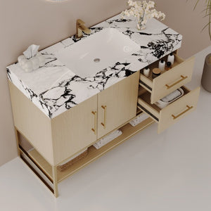 English Elm 36 Inch Freestanding Bathroom Vanity with Sintered Stone Top and Ceramic Basin Gold, White+Black, Wood - A W3136S00145