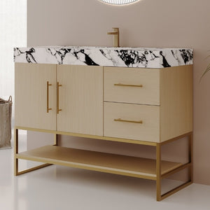 English Elm 36 Inch Freestanding Bathroom Vanity with Sintered Stone Top and Ceramic Basin Gold, White+Black, Wood - A W3136S00145