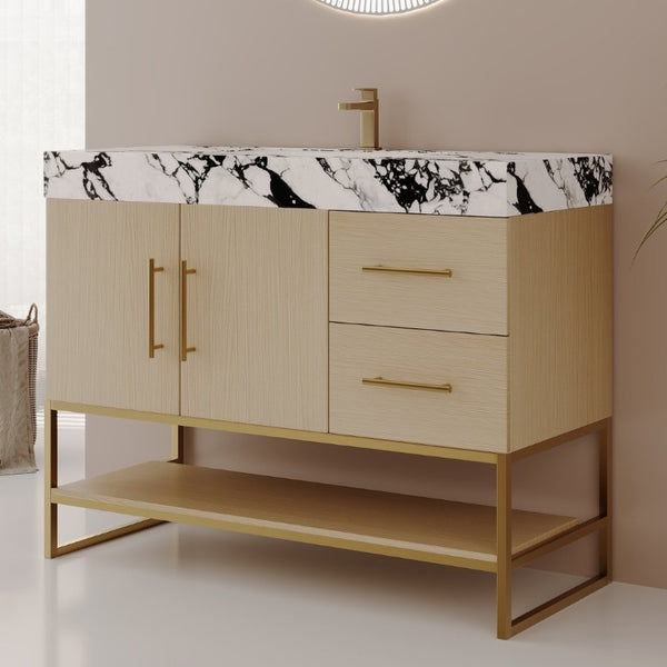English Elm 36 Inch Freestanding Bathroom Vanity with Sintered Stone Top and Ceramic Basin Gold, White+Black, Wood - A W3136S00145