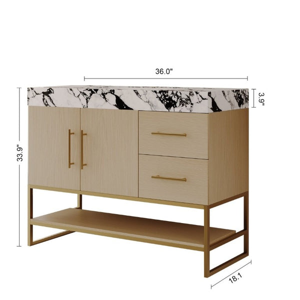 English Elm 36 Inch Freestanding Bathroom Vanity with Sintered Stone Top and Ceramic Basin Gold, White+Black, Wood - A W3136S00145