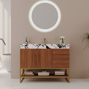 English Elm 36 Inch Freestanding Bathroom Vanity with Sintered Stone Top and Ceramic Basin Gold, Walnut, White+Black W3136S00146