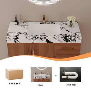 English Elm 36 Inch Freestanding Bathroom Vanity with Sintered Stone Top and Ceramic Basin Gold, Walnut, White+Black W3136S00146