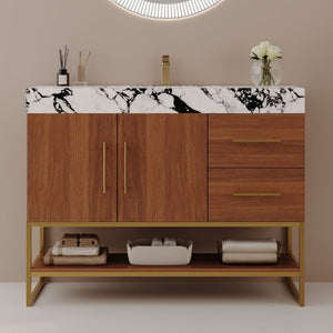 English Elm 36 Inch Freestanding Bathroom Vanity with Sintered Stone Top and Ceramic Basin Gold, Walnut, White+Black W3136S00146