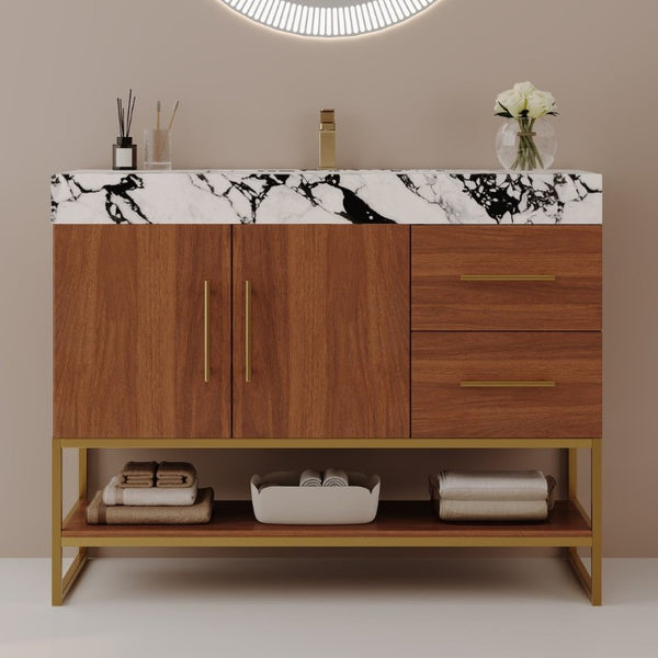 English Elm 36 Inch Freestanding Bathroom Vanity with Sintered Stone Top and Ceramic Basin Gold, Walnut, White+Black W3136S00146