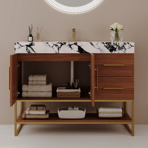 English Elm 36 Inch Freestanding Bathroom Vanity with Sintered Stone Top and Ceramic Basin Gold, Walnut, White+Black W3136S00146