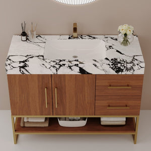 English Elm 36 Inch Freestanding Bathroom Vanity with Sintered Stone Top and Ceramic Basin Gold, Walnut, White+Black W3136S00146