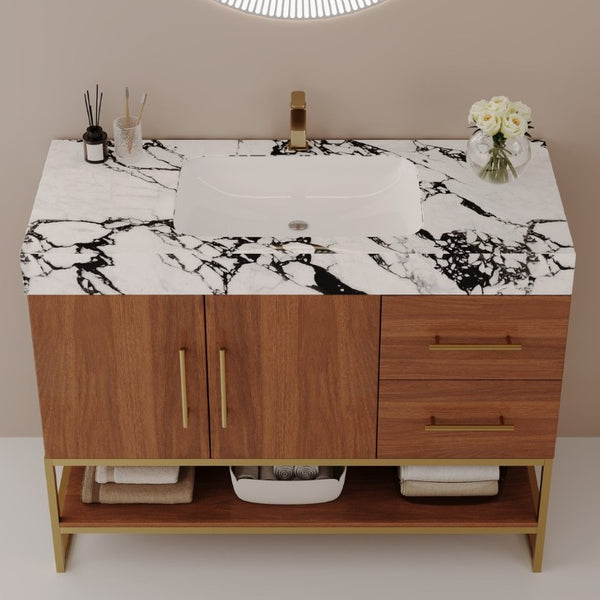 English Elm 36 Inch Freestanding Bathroom Vanity with Sintered Stone Top and Ceramic Basin Gold, Walnut, White+Black W3136S00146