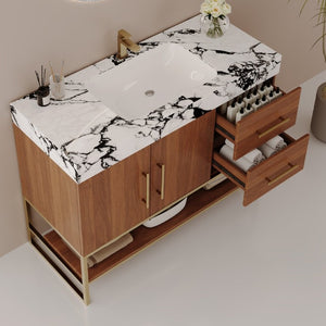 English Elm 36 Inch Freestanding Bathroom Vanity with Sintered Stone Top and Ceramic Basin Gold, Walnut, White+Black W3136S00146