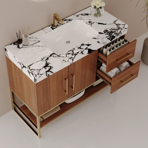 English Elm 36 Inch Freestanding Bathroom Vanity with Sintered Stone Top and Ceramic Basin Gold, Walnut, White+Black W3136S00146