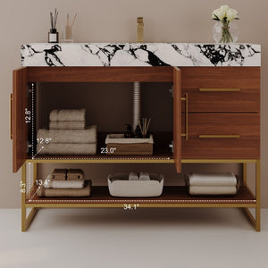 English Elm 36 Inch Freestanding Bathroom Vanity with Sintered Stone Top and Ceramic Basin Gold, Walnut, White+Black W3136S00146