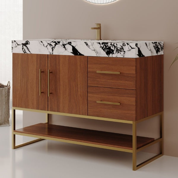 English Elm 36 Inch Freestanding Bathroom Vanity with Sintered Stone Top and Ceramic Basin Gold, Walnut, White+Black W3136S00146