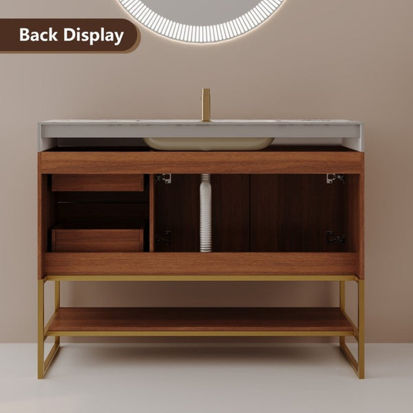 English Elm 36 Inch Freestanding Bathroom Vanity with Sintered Stone Top and Ceramic Basin Gold, Walnut, White+Black W3136S00146