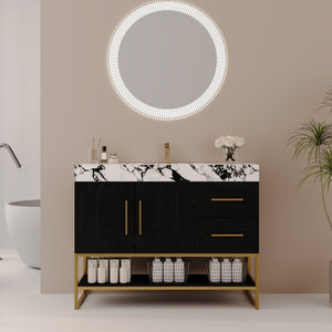 English Elm 36 Inch Freestanding Bathroom Vanity with Sintered Stone Top and Ceramic Basin Black, Gold, White+Black W3136S00147