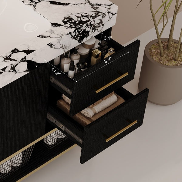 English Elm 36 Inch Freestanding Bathroom Vanity with Sintered Stone Top and Ceramic Basin Black, Gold, White+Black W3136S00147