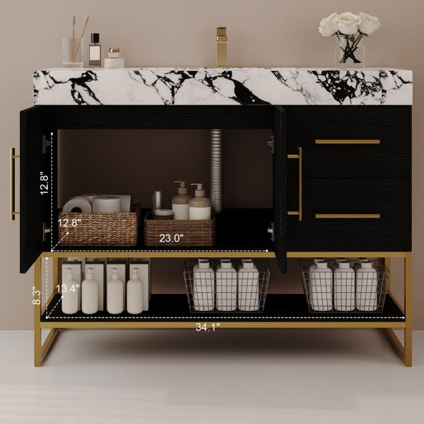 English Elm 36 Inch Freestanding Bathroom Vanity with Sintered Stone Top and Ceramic Basin Black, Gold, White+Black W3136S00147