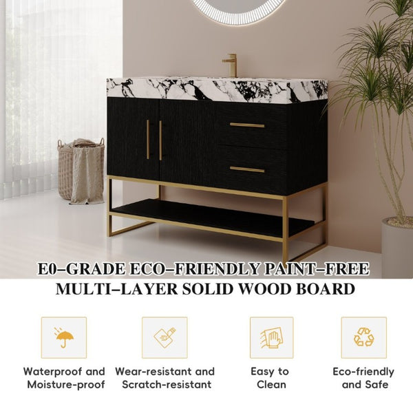 English Elm 36 Inch Freestanding Bathroom Vanity with Sintered Stone Top and Ceramic Basin Black, Gold, White+Black W3136S00147