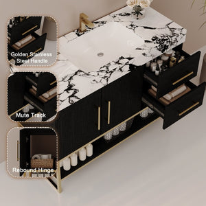 English Elm 36 Inch Freestanding Bathroom Vanity with Sintered Stone Top and Ceramic Basin Black, Gold, White+Black W3136S00147