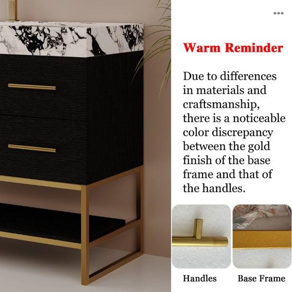English Elm 36 Inch Freestanding Bathroom Vanity with Sintered Stone Top and Ceramic Basin Black, Gold, White+Black W3136S00147