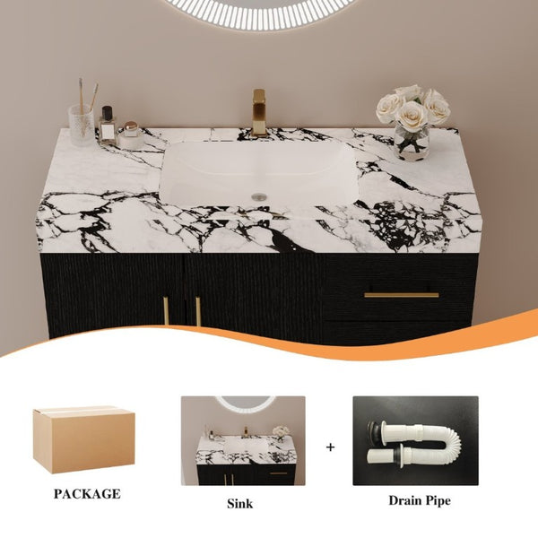 English Elm 36 Inch Freestanding Bathroom Vanity with Sintered Stone Top and Ceramic Basin Black, Gold, White+Black W3136S00147