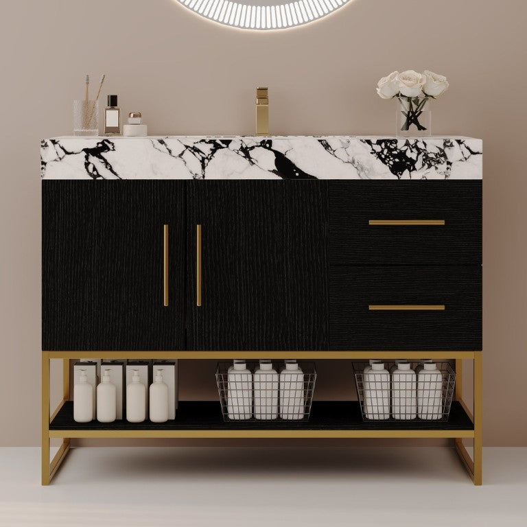 English Elm 36 Inch Freestanding Bathroom Vanity with Sintered Stone Top and Ceramic Basin Black, Gold, White+Black W3136S00147