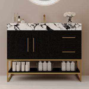 English Elm 36 Inch Freestanding Bathroom Vanity with Sintered Stone Top and Ceramic Basin Black, Gold, White+Black W3136S00147