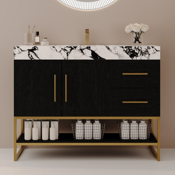 English Elm 36 Inch Freestanding Bathroom Vanity with Sintered Stone Top and Ceramic Basin Black, Gold, White+Black W3136S00147