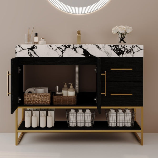 English Elm 36 Inch Freestanding Bathroom Vanity with Sintered Stone Top and Ceramic Basin Black, Gold, White+Black W3136S00147