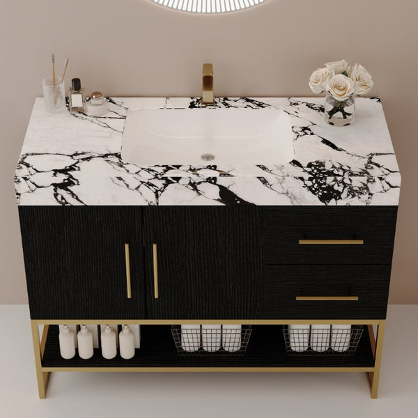 English Elm 36 Inch Freestanding Bathroom Vanity with Sintered Stone Top and Ceramic Basin Black, Gold, White+Black W3136S00147