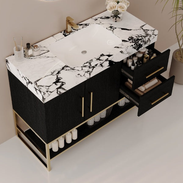 English Elm 36 Inch Freestanding Bathroom Vanity with Sintered Stone Top and Ceramic Basin Black, Gold, White+Black W3136S00147