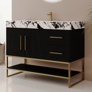 English Elm 36 Inch Freestanding Bathroom Vanity with Sintered Stone Top and Ceramic Basin Black, Gold, White+Black W3136S00147