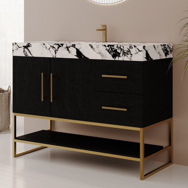 English Elm 36 Inch Freestanding Bathroom Vanity with Sintered Stone Top and Ceramic Basin Black, Gold, White+Black W3136S00147