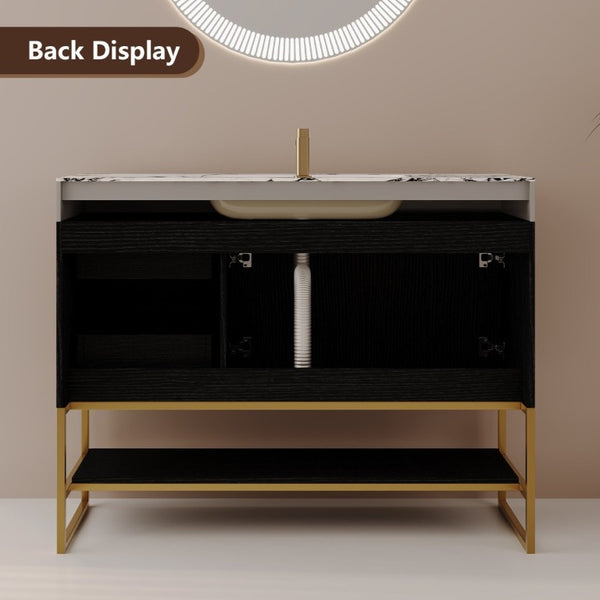 English Elm 36 Inch Freestanding Bathroom Vanity with Sintered Stone Top and Ceramic Basin Black, Gold, White+Black W3136S00147