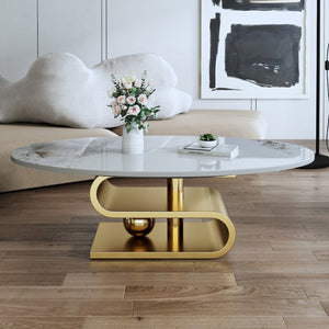 English Elm 49.2 Inch Oval Sintered Stone Coffee Table with Sculptural S-Shaped Stainless Steel Base Gold/White W3136S00148