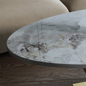 English Elm 49.2 Inch Oval Sintered Stone Coffee Table with Sculptural S-Shaped Stainless Steel Base Gold/White W3136S00148