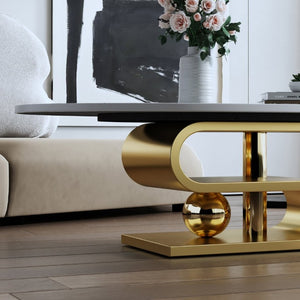 English Elm 49.2 Inch Oval Sintered Stone Coffee Table with Sculptural S-Shaped Stainless Steel Base Gold/White W3136S00148