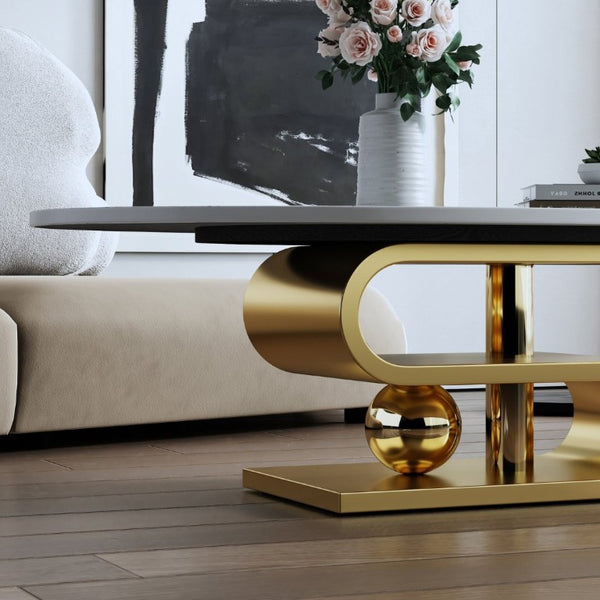 English Elm 49.2 Inch Oval Sintered Stone Coffee Table with Sculptural S-Shaped Stainless Steel Base Gold/White W3136S00148