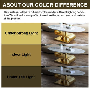 English Elm 49.2 Inch Oval Sintered Stone Coffee Table with Sculptural S-Shaped Stainless Steel Base Gold/White W3136S00148