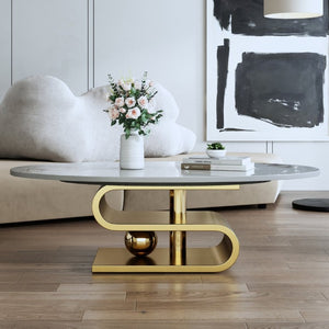 English Elm 49.2 Inch Oval Sintered Stone Coffee Table with Sculptural S-Shaped Stainless Steel Base Gold/White W3136S00148