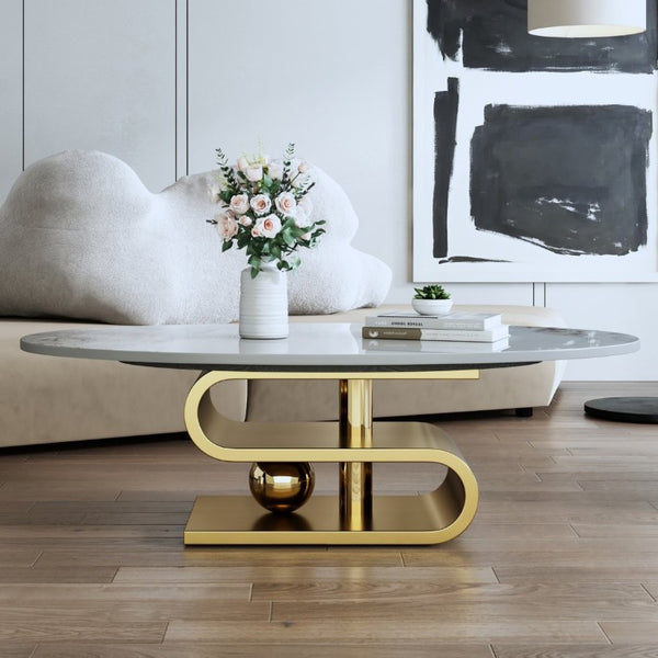 English Elm 49.2 Inch Oval Sintered Stone Coffee Table with Sculptural S-Shaped Stainless Steel Base Gold/White W3136S00148