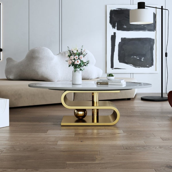 English Elm 49.2 Inch Oval Sintered Stone Coffee Table with Sculptural S-Shaped Stainless Steel Base Gold/White W3136S00148