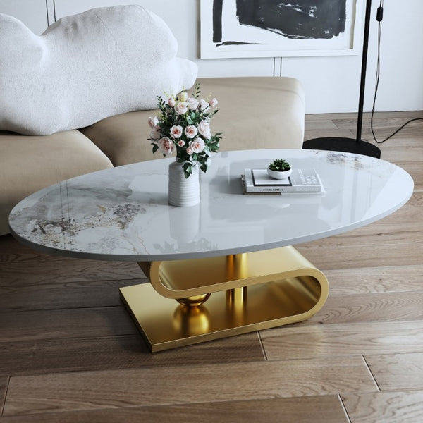 English Elm 49.2 Inch Oval Sintered Stone Coffee Table with Sculptural S-Shaped Stainless Steel Base Gold/White W3136S00148