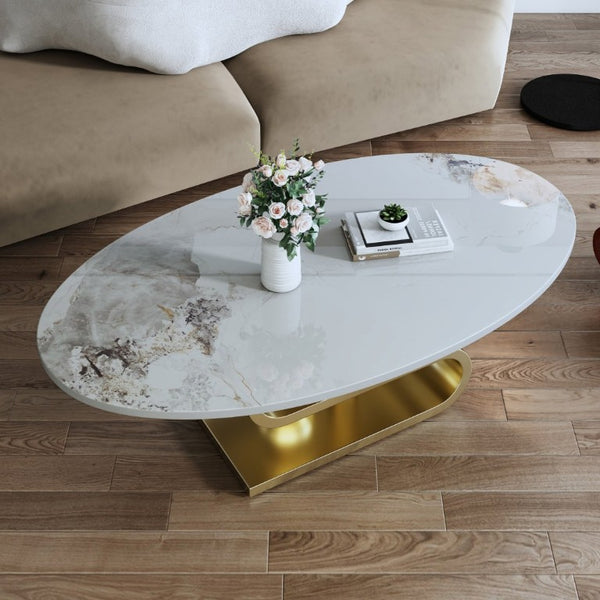 English Elm 49.2 Inch Oval Sintered Stone Coffee Table with Sculptural S-Shaped Stainless Steel Base Gold/White W3136S00148