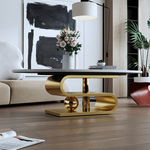 English Elm 49.2 Inch Oval Sintered Stone Coffee Table with Sculptural S-Shaped Stainless Steel Base Gold/White W3136S00148