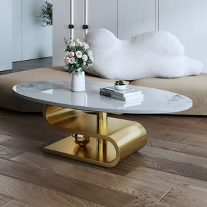 English Elm 49.2 Inch Oval Sintered Stone Coffee Table with Sculptural S-Shaped Stainless Steel Base Gold/White W3136S00148