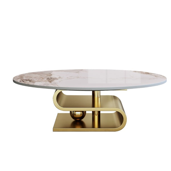 English Elm 49.2 Inch Oval Sintered Stone Coffee Table with Sculptural S-Shaped Stainless Steel Base Gold/White W3136S00148