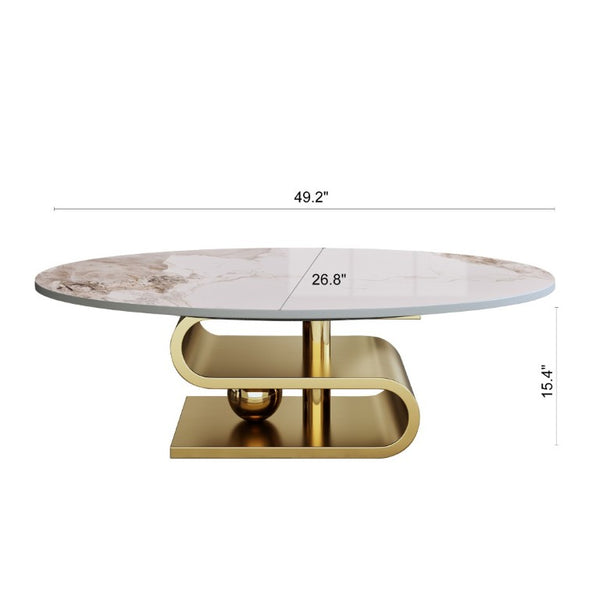English Elm 49.2 Inch Oval Sintered Stone Coffee Table with Sculptural S-Shaped Stainless Steel Base Gold/White W3136S00148