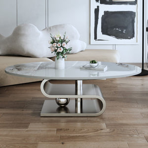 English Elm 49.2 Inch Oval Sintered Stone Coffee Table with Sculptural S-Shaped Stainless Steel Base Gray/White W3136S00149